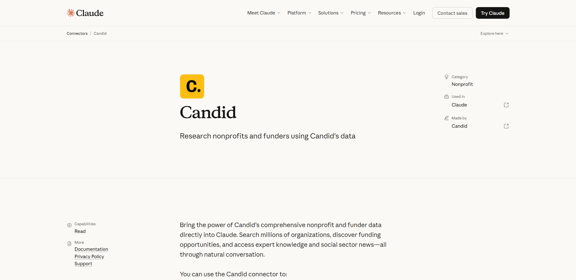 Candid's listing on the Claude connectors page with the words: "Research nonprofits and funders using Candid's data"