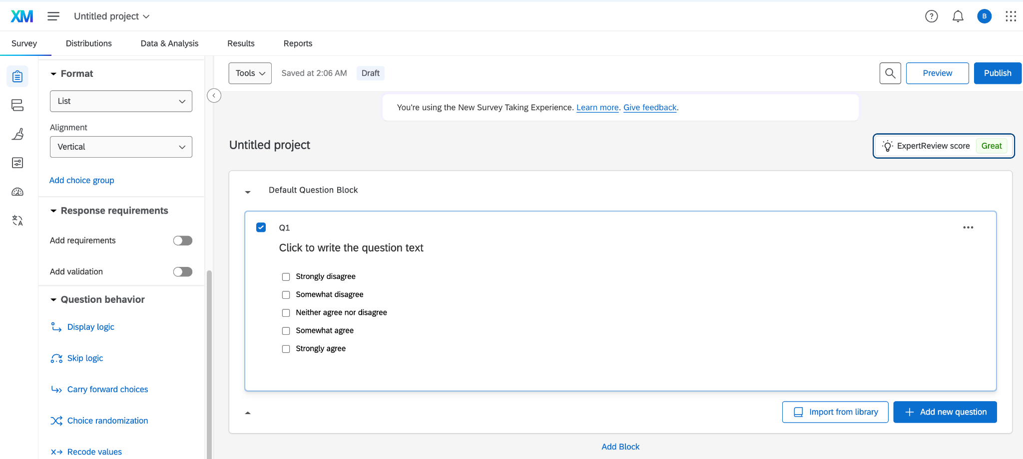 Qualtrics survey editor with question settings and survey-building options