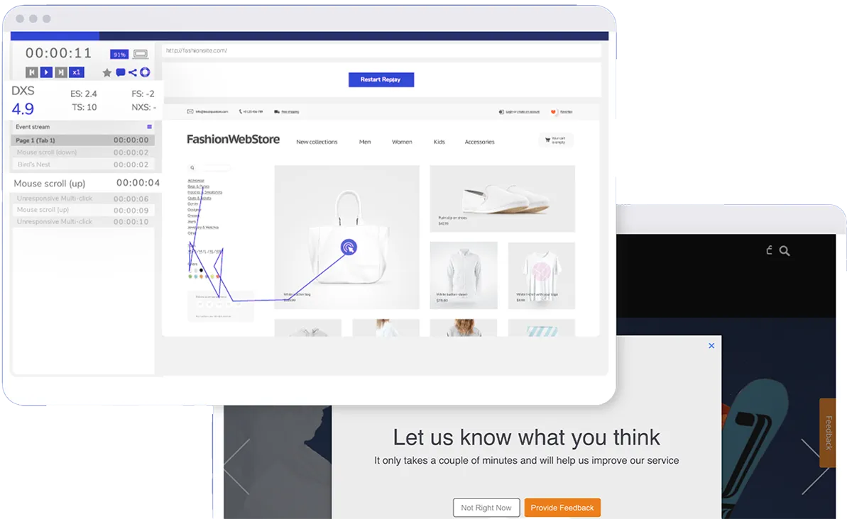 Medallia digital experience screen showing session replay and feedback survey tools