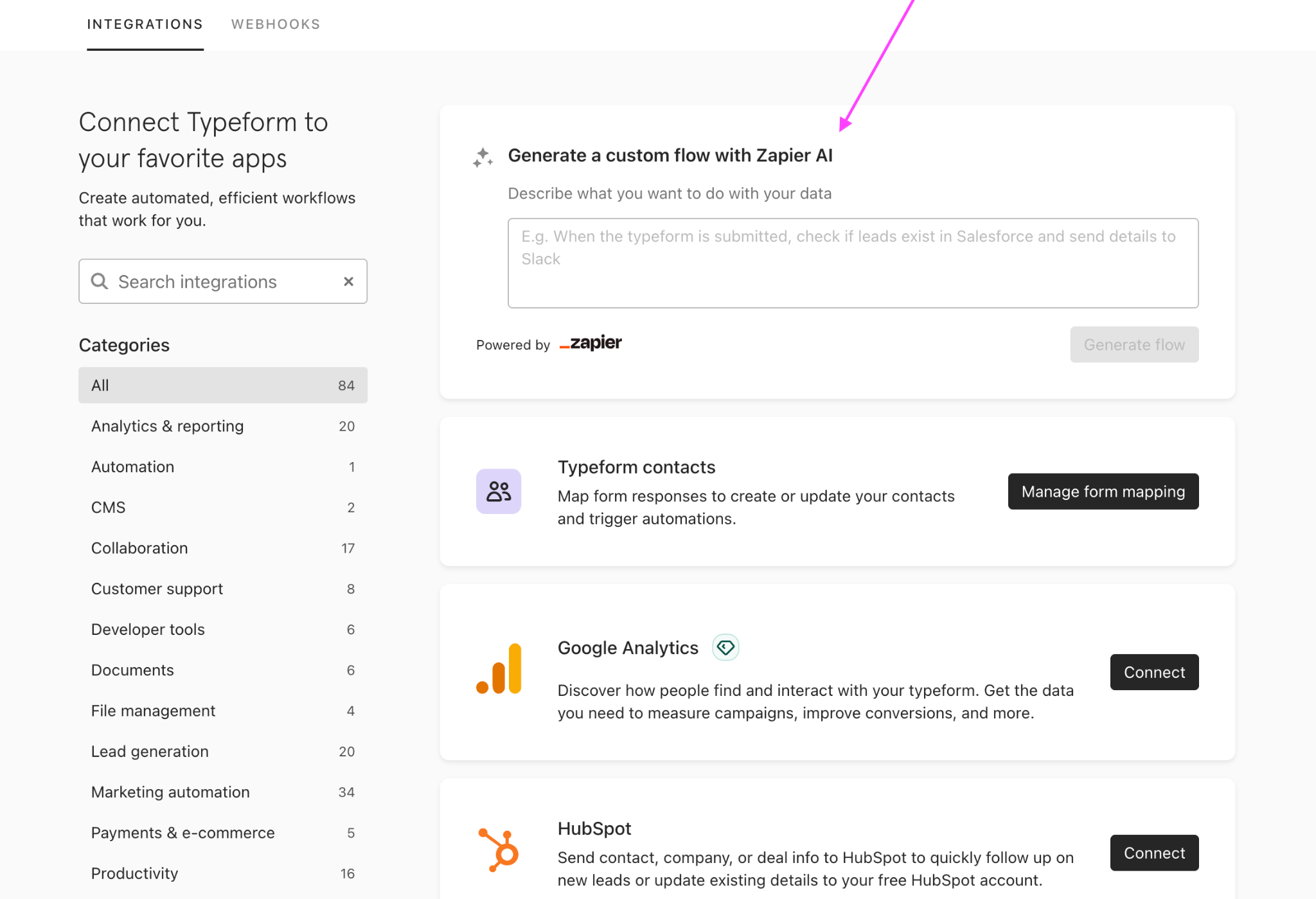 Typeform integrations page showing Zapier AI, Google Analytics, and HubSpot options