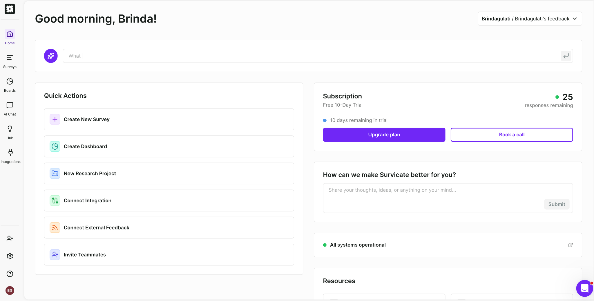 Survicate dashboard showing quick actions for creating surveys and projects