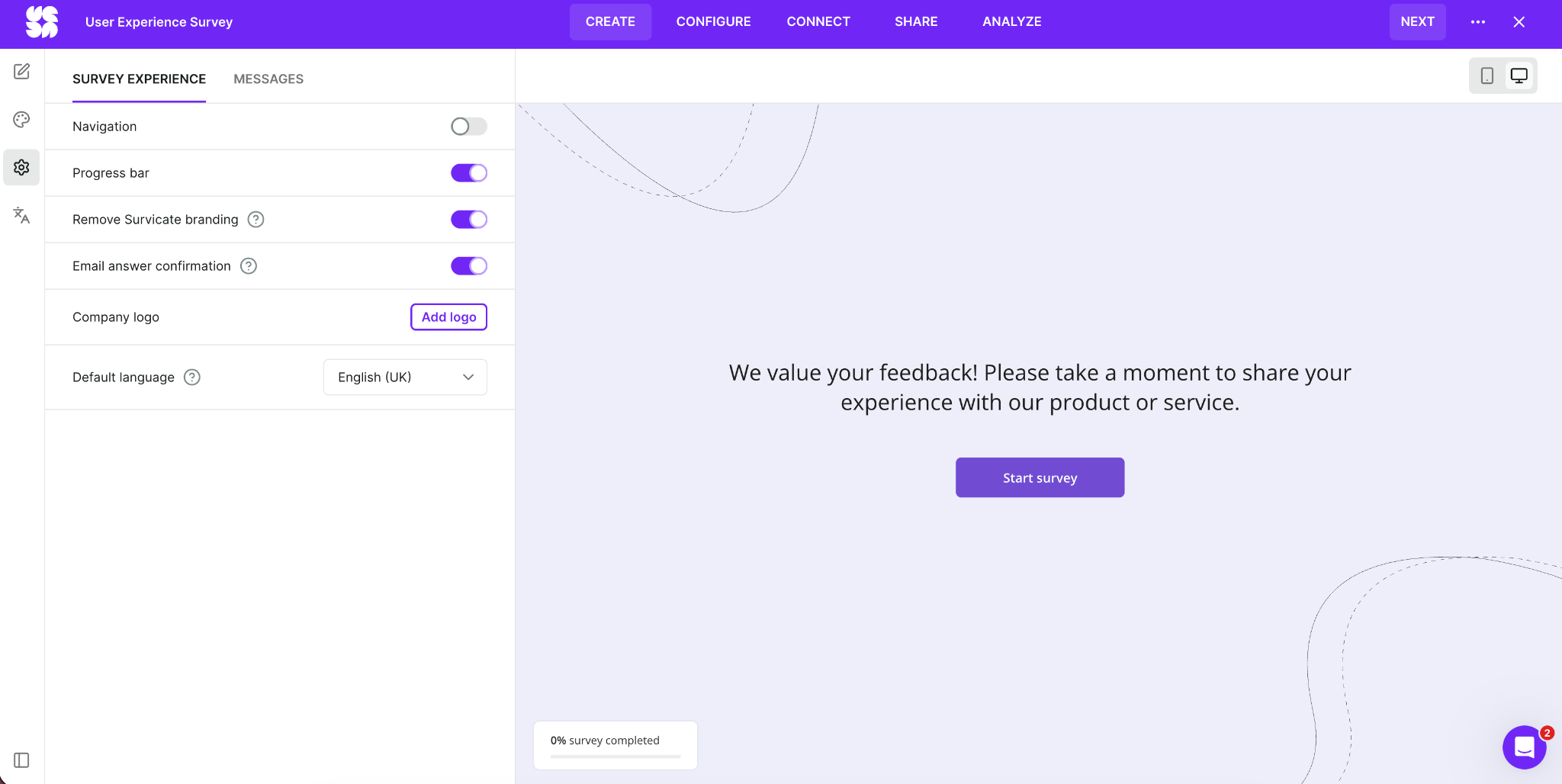 Survicate survey builder with design settings and a live preview