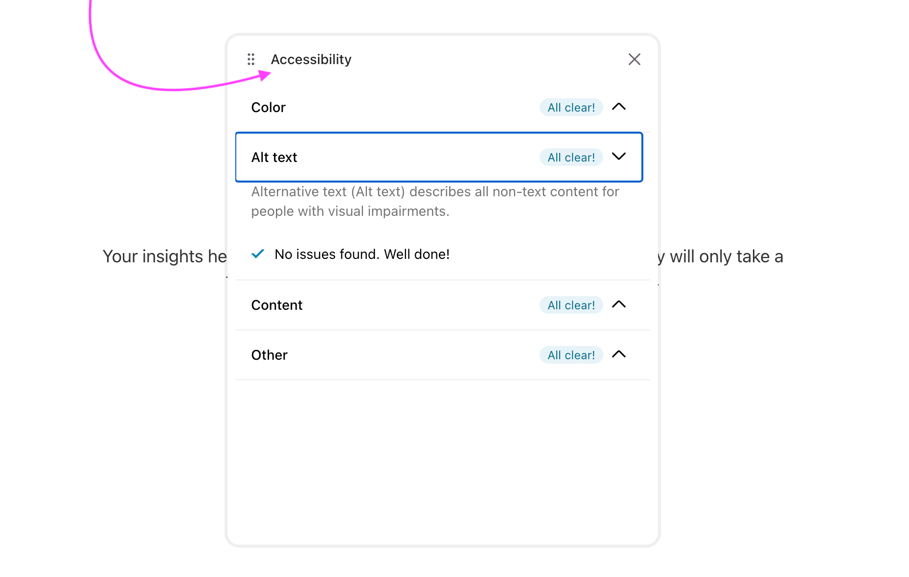 Typeform accessibility panel checking color, alt text, and content issues