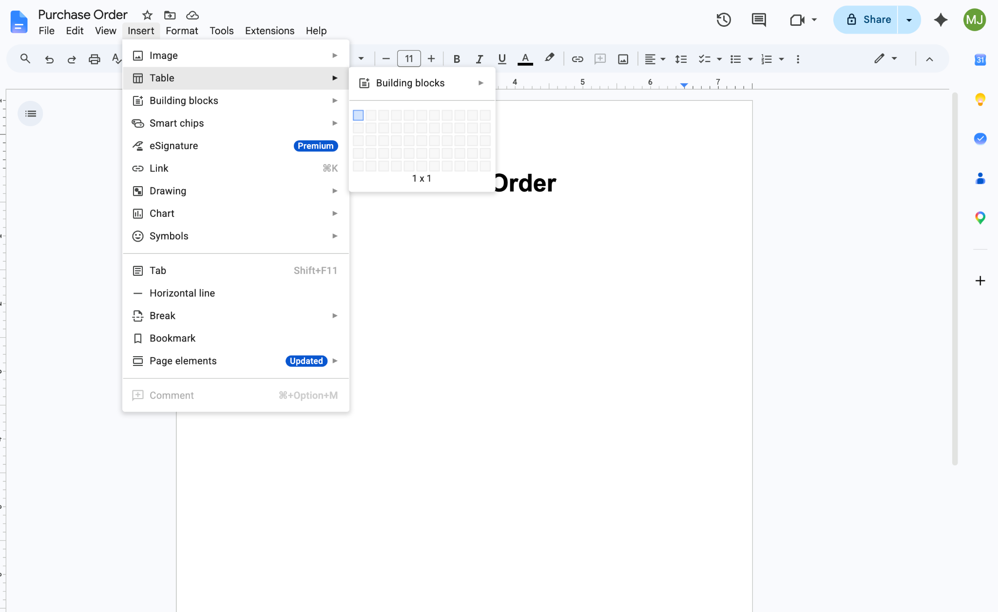 Google Docs interface showing the "Table" option in the "Insert" dropdown menu