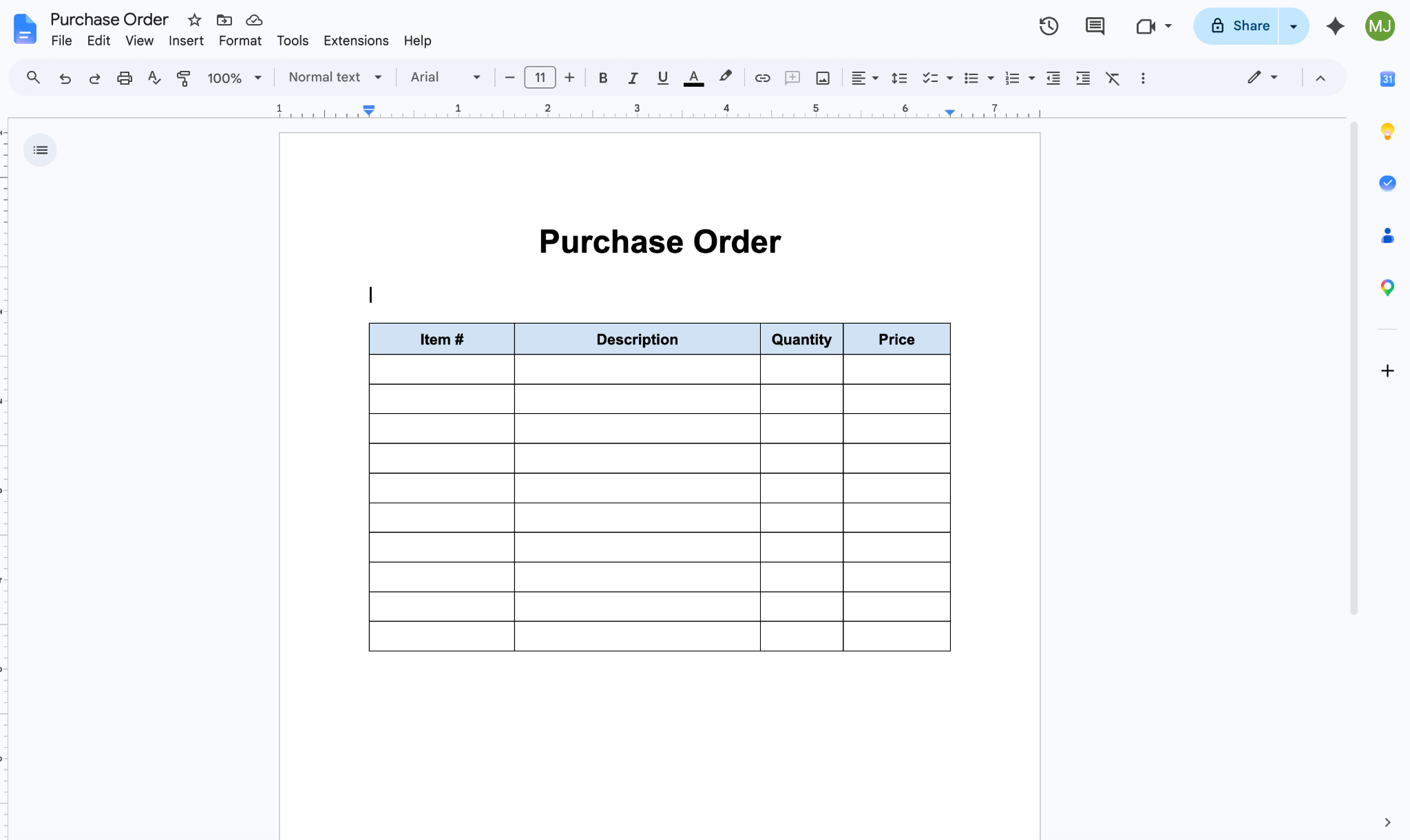 Google Docs interface showing a document with "Purchase Order" written at the top and a table with "Item #," "Description," "Quantity," and "Price" labelled in the first row