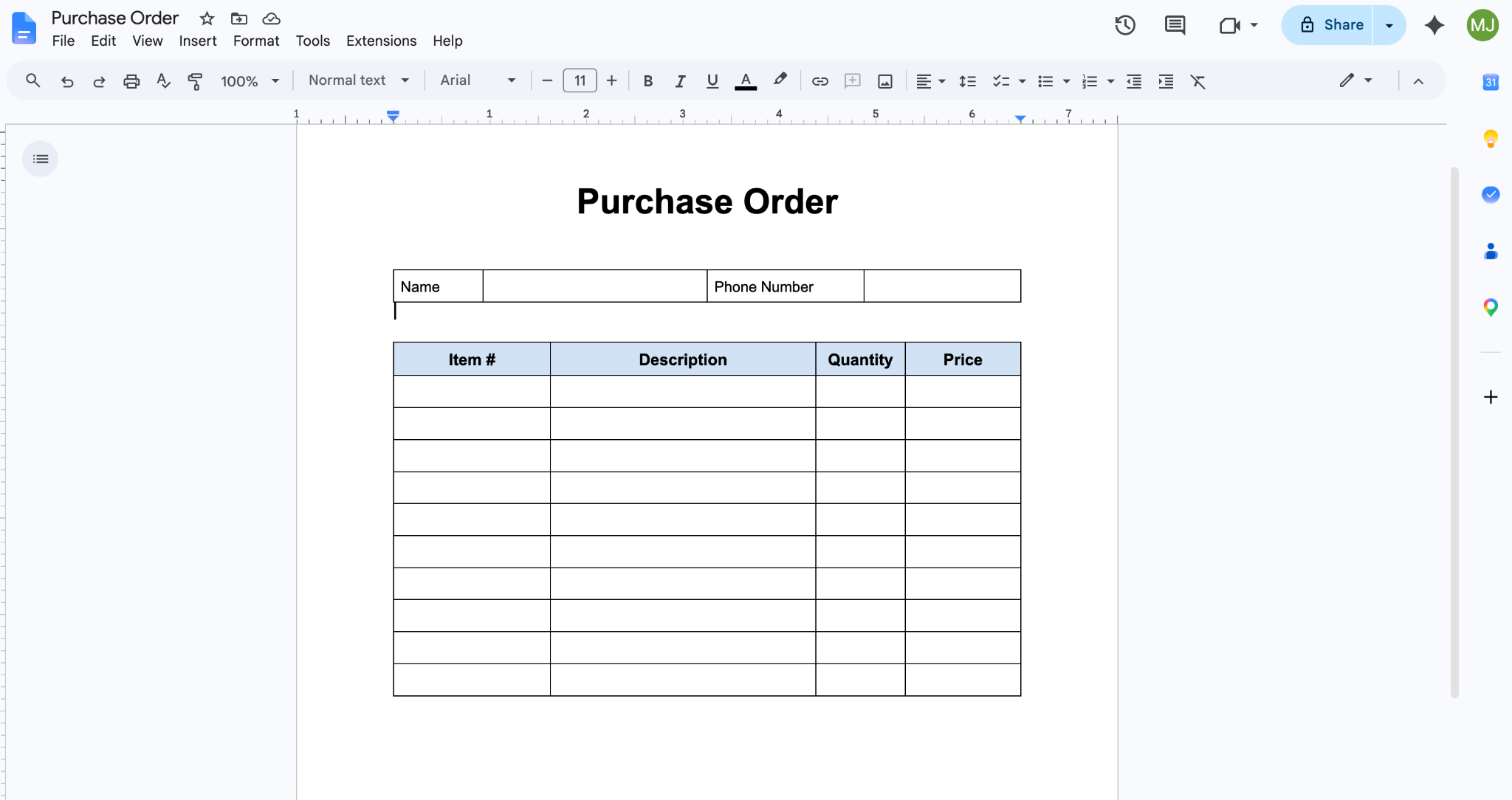 Google Docs interface showing the "Purchase Order" document with a new 1x4 table with the labels "Name" and "Phone Number," and response fields for each