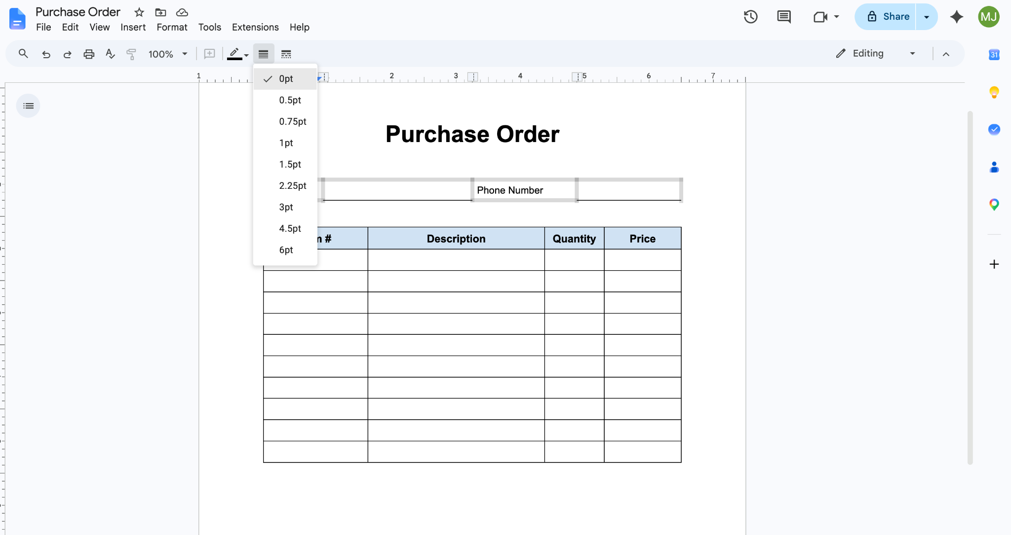 Google Docs interface showing the 0pt option in the Border Width dropdown menu