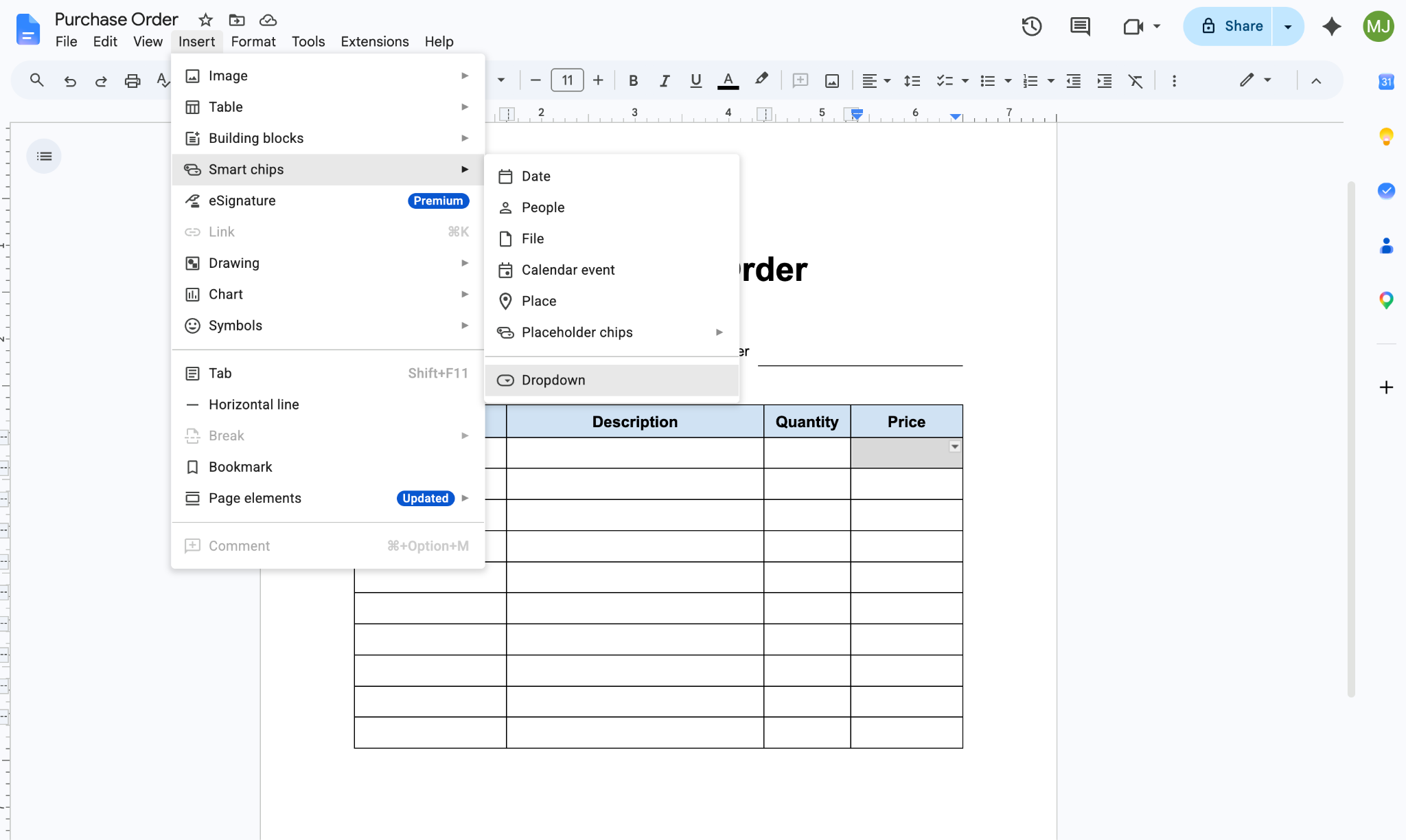 Google Docs interface showing the "Dropdown" selection in the "Smart chips" option of the "Insert" menu