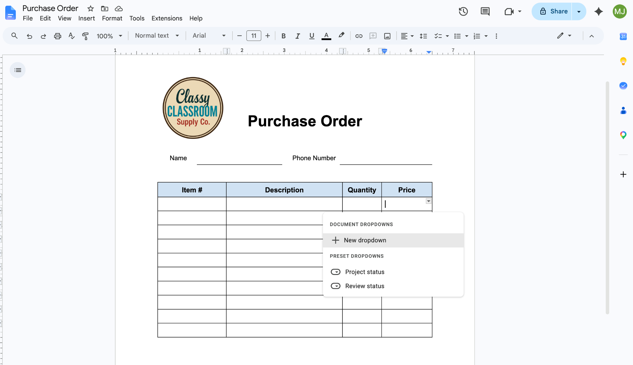 Google Docs interface showing a cell selected in the 4x11 table and "New dropdown" selected in the "Document dropdowns" menu that appears