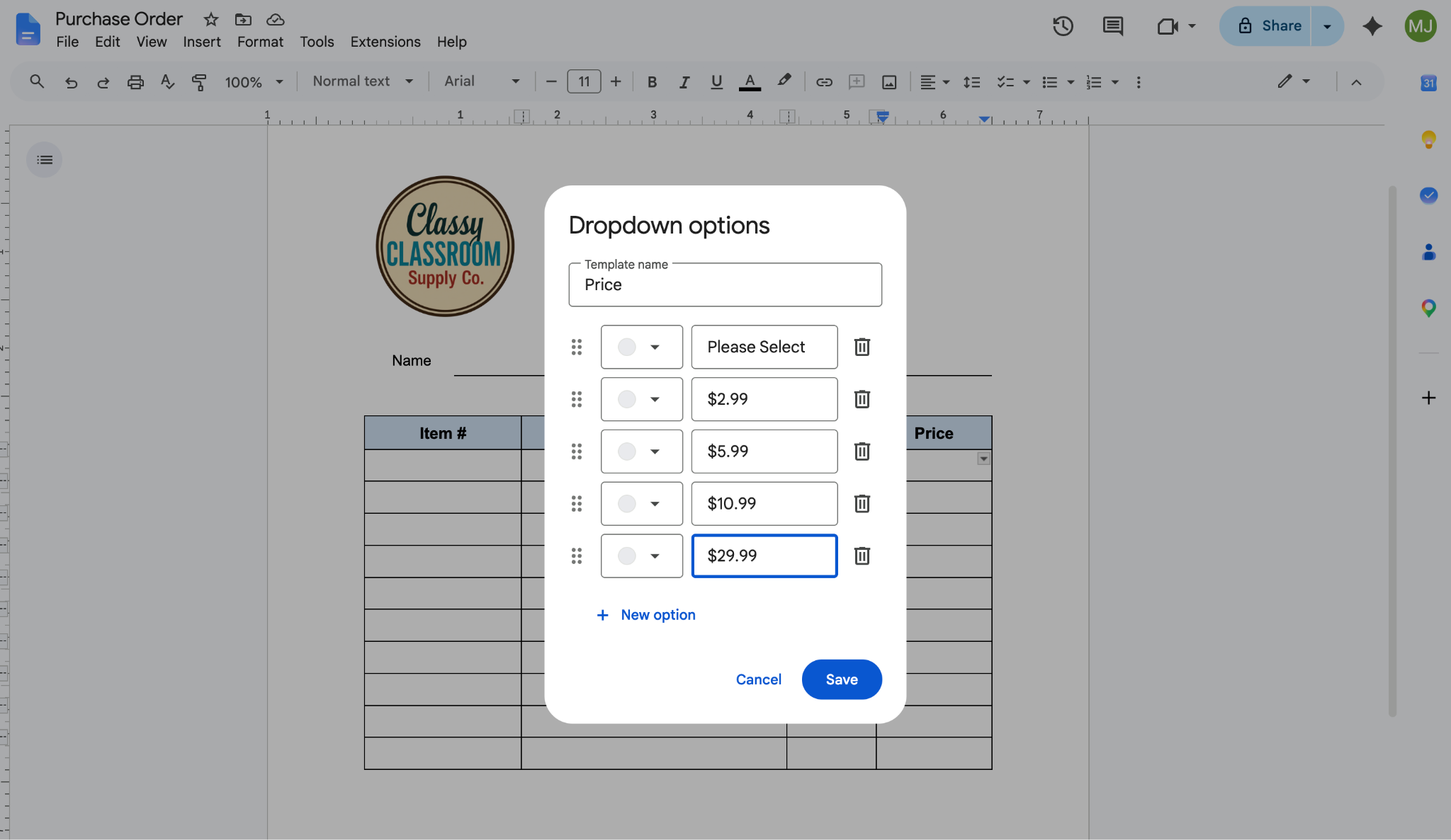 Google Docs interface showing the "Dropdown options" popup with the "Template name" and dropdown options filled in