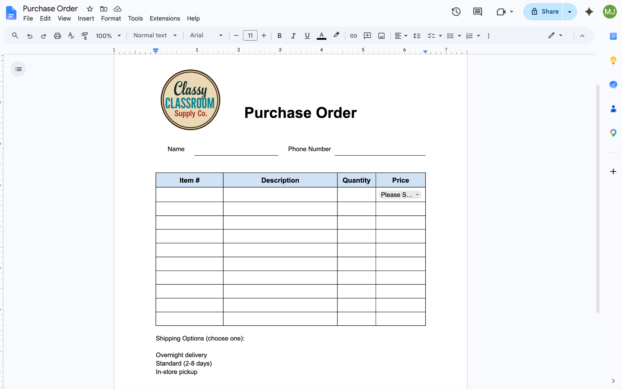 Google Docs interface showing the "Purchase Order" document with "Shipping Options" typed below the tables and a range of options
