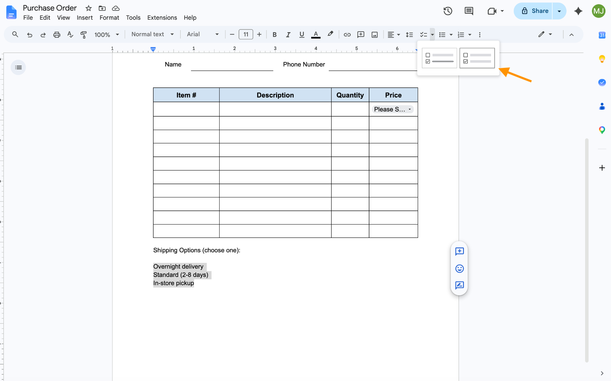 Google Docs interface showing the shipping options highlighted and an arrow pointing to the checkbox option  on the right-hand side of the "Checklist" menu