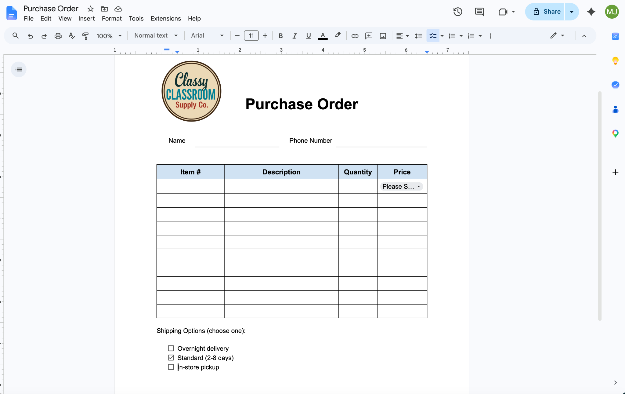 Google Docs interface showing the finalised "Purchase Order" document with checkboxes shown alongside the shipping options
