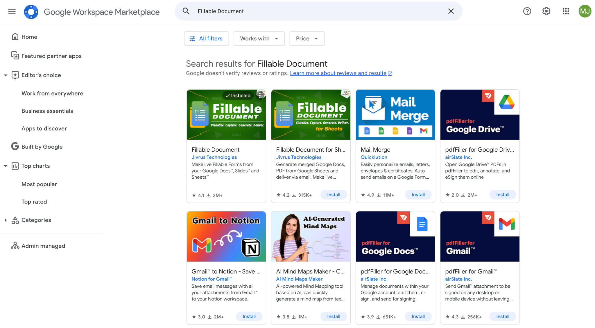 Google Workspace Marketplace showing the search results for "Fillable Document"
