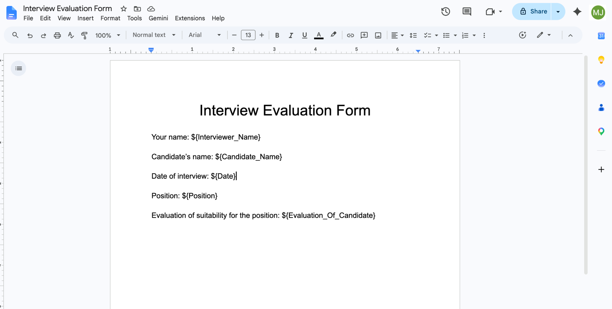 Google Docs interface showing an "Interview Evaluation Form" document with form field elements like: "Your name: $[Interviewer_Name}"