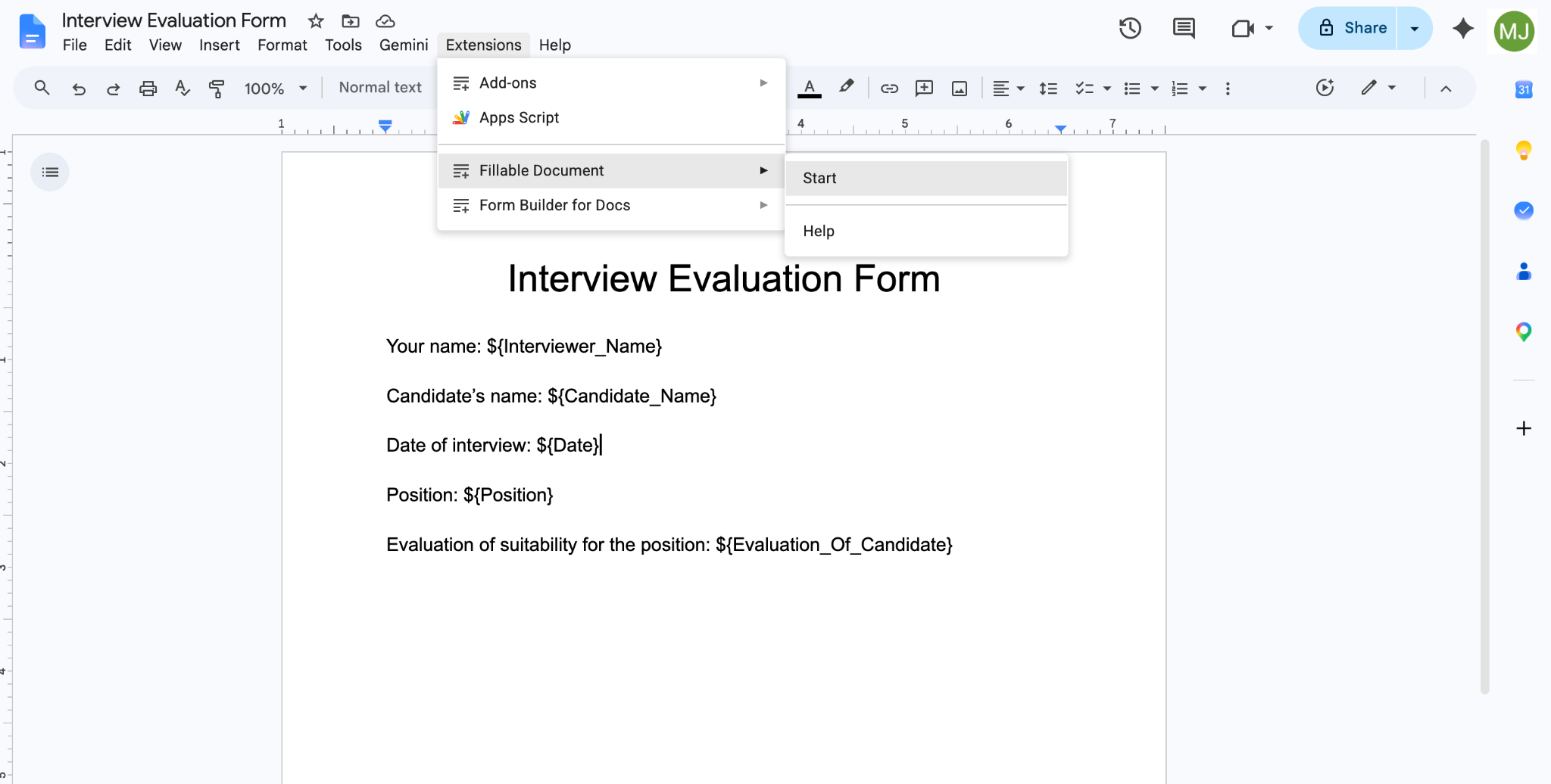 Google Docs interface showing the "Start" selection in the "Fillable Document" option in the "Extensions" dropdown menu