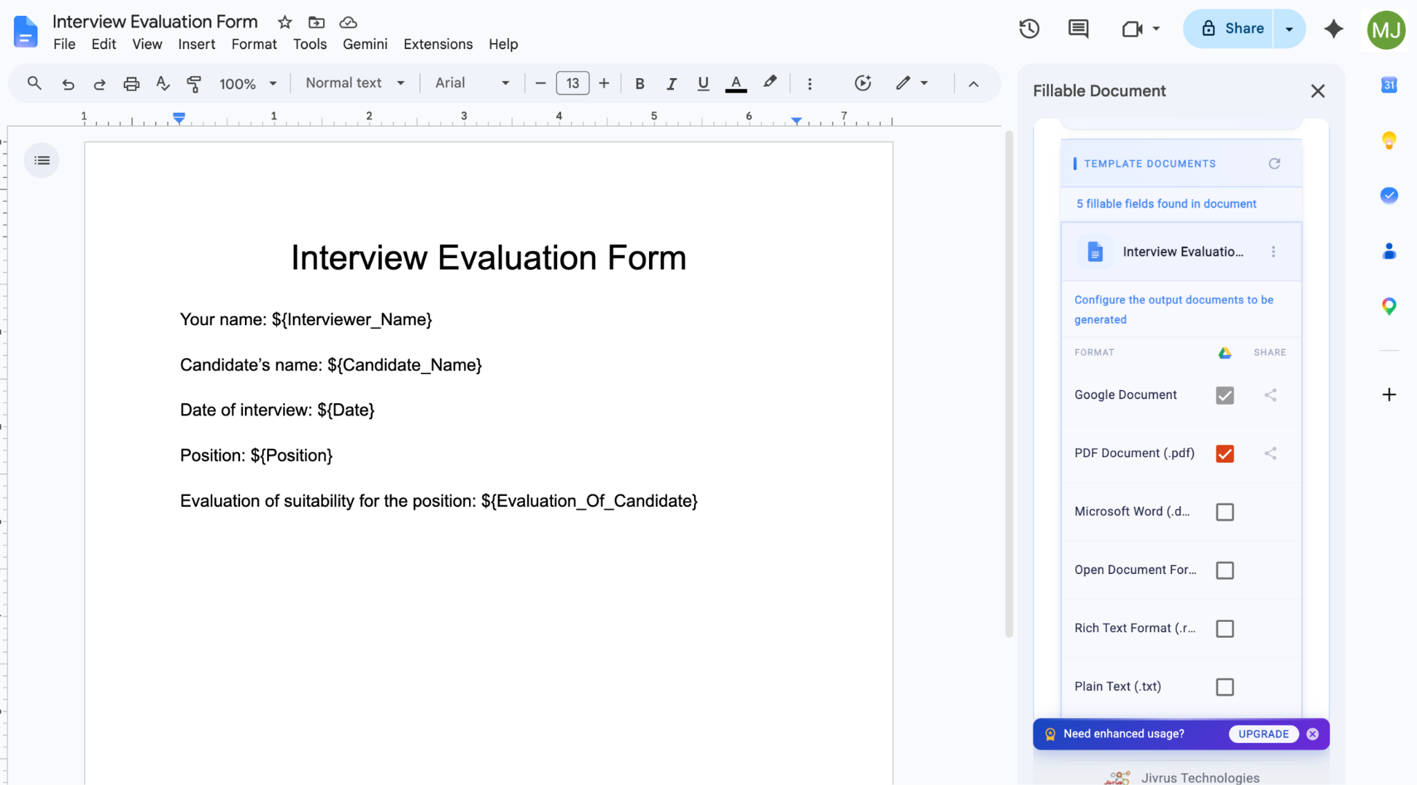 Google Docs interface showing the "Fillable Document" side menu and the format options available