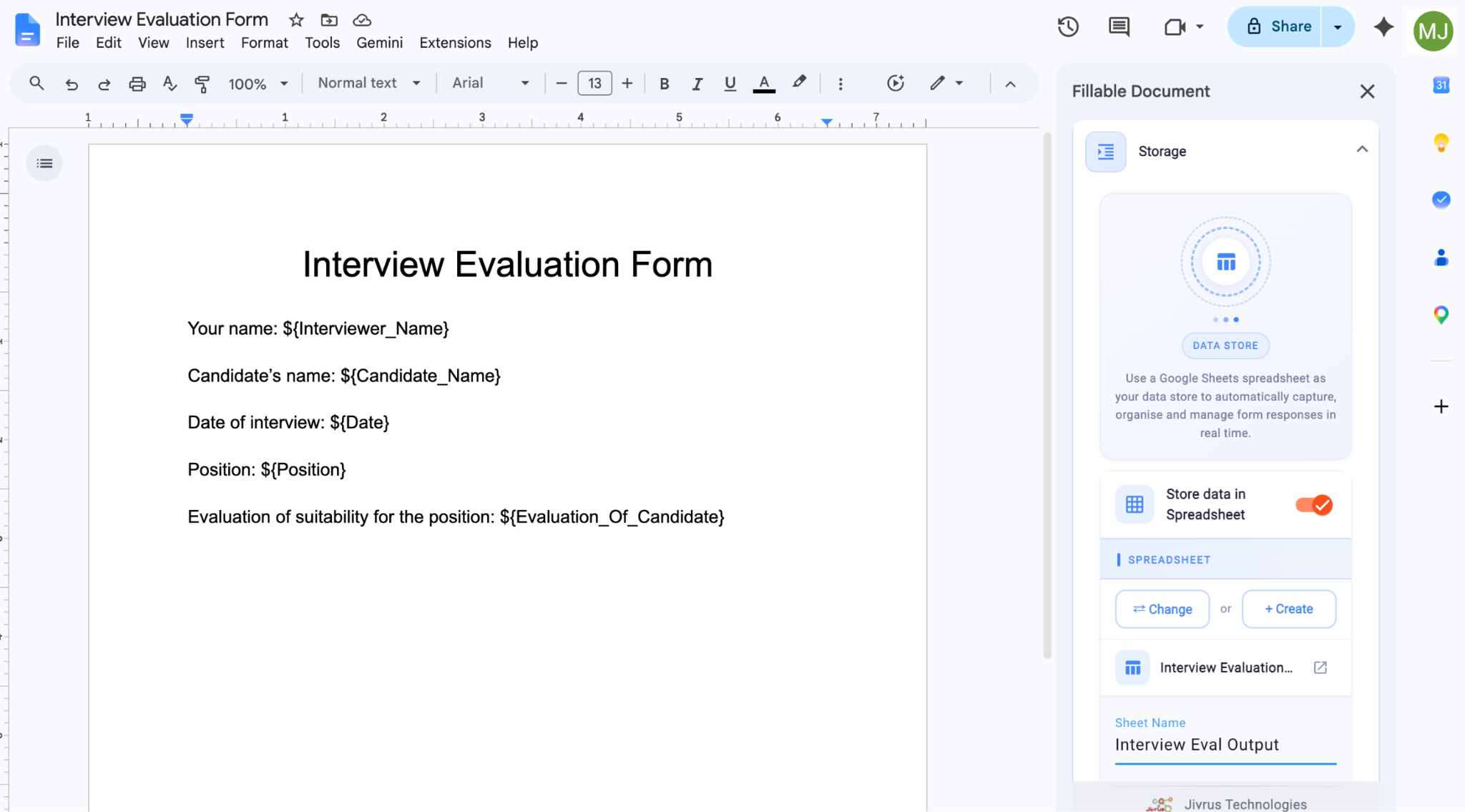 Google Docs interface showing the "Fillable Document" side menu and storage options