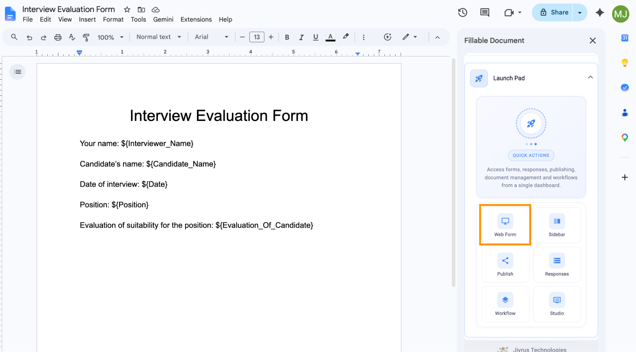 Google Docs interface showing the "Fillable Document" side menu and the "Web Form" options highlighted under "Launch Pad"