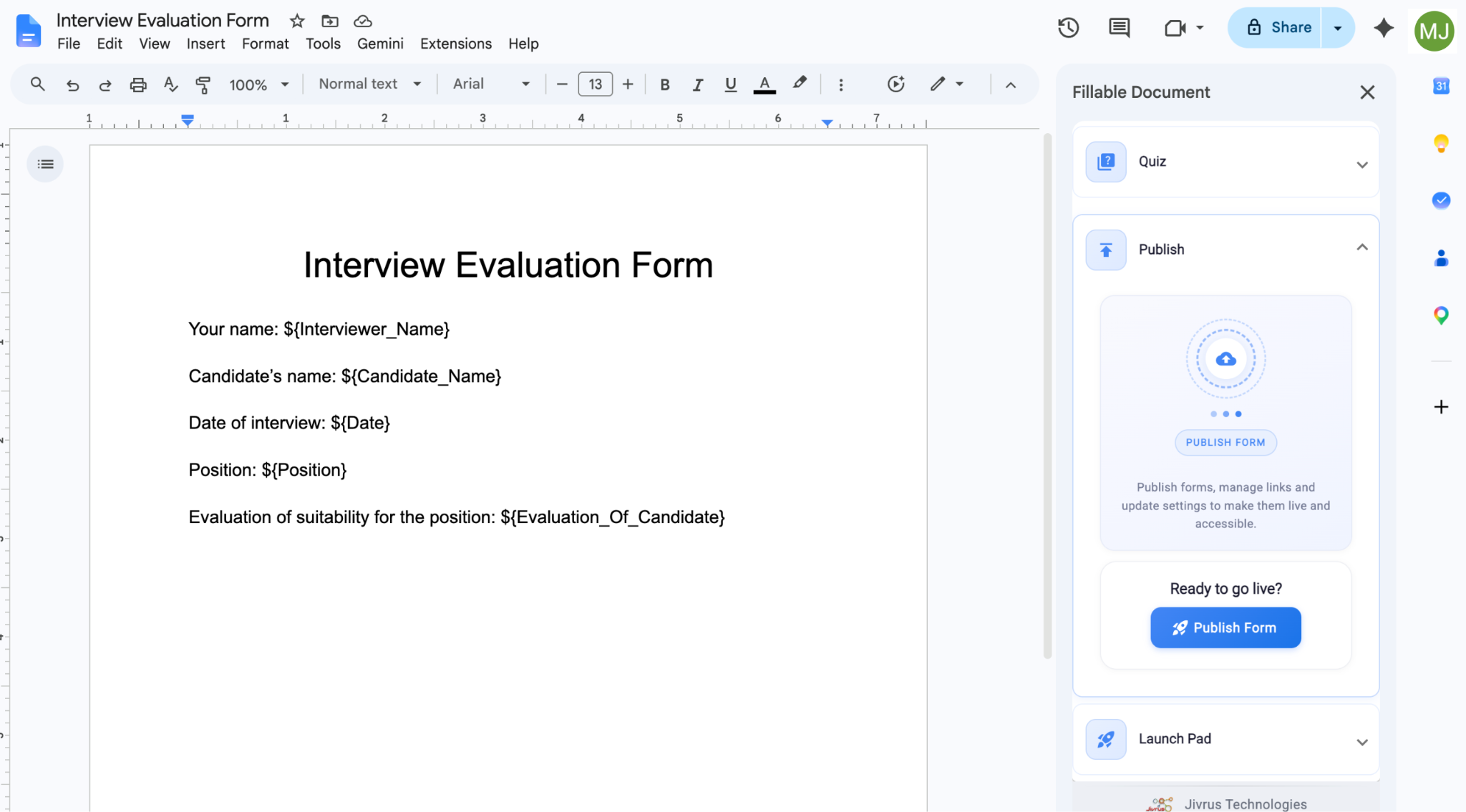 Google Docs interface showing the "Fillable Document" side menu and the "Publish Form" button under the "Publish" menu