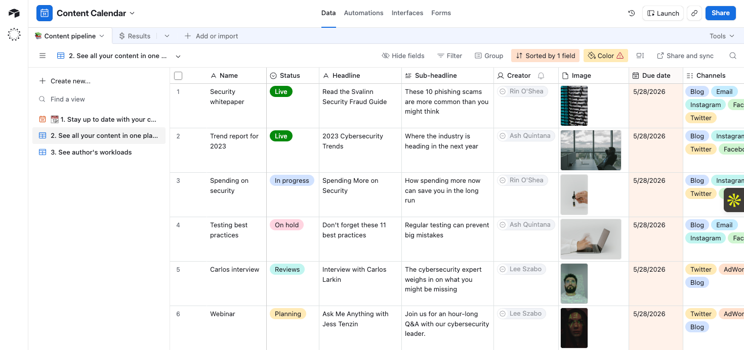 Airtable content calendar with content items, statuses, creators, images, due dates, and channels