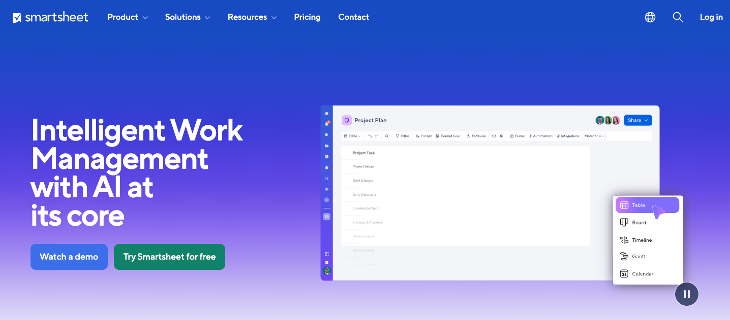 Smartsheet homepage with an intelligent work management message and product preview