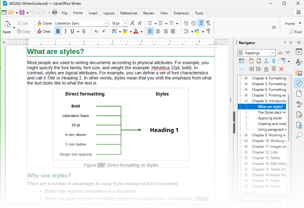 LibreOffice Writer document showing a formatting guide with the Navigator panel open