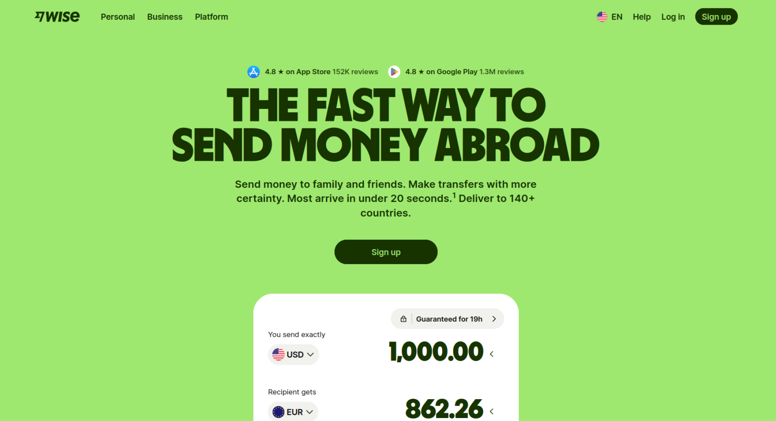 Wise website with the words: "The fast way to send money abroad"
