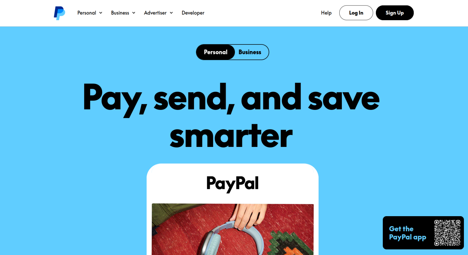 PayPal website with the words: "Pay, send, and save smarter"