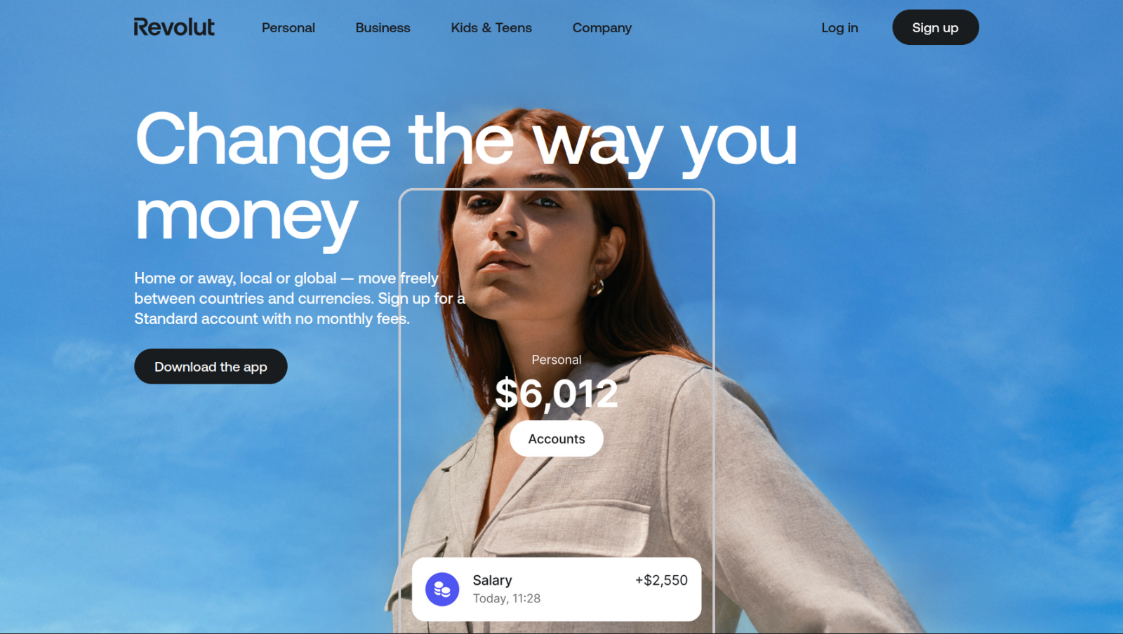 Revolut website with the words: "Change the way you money"