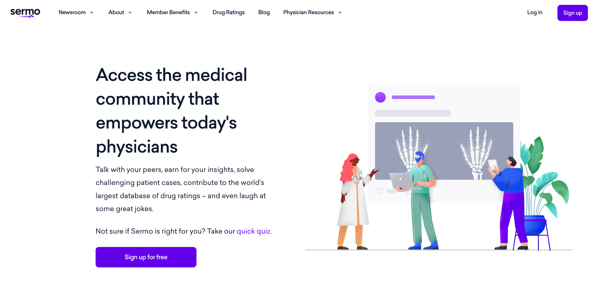 Screenshot of the Sermo landing page, showing a headline "Access the medical community that empowers today's physicians"