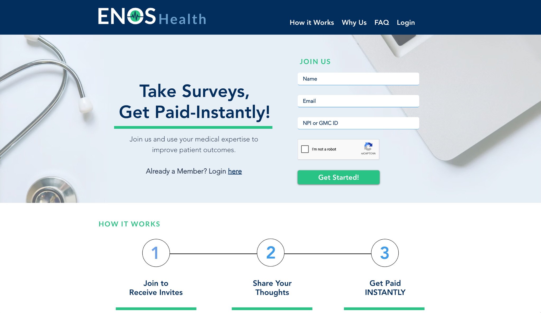 Screenshot of the Enos Health landing page, showing a headline "Take Surveys, Get Paid-Insantly!"