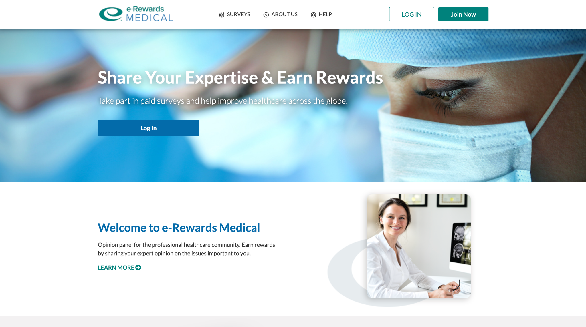 Screenshot of the e-Rewards Medical landing page