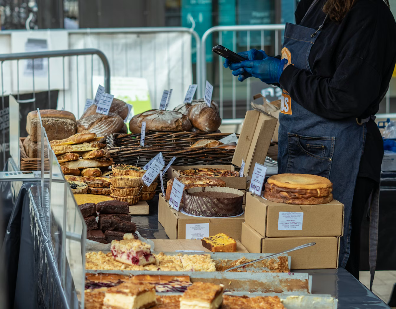Baked goods displayed in a market case