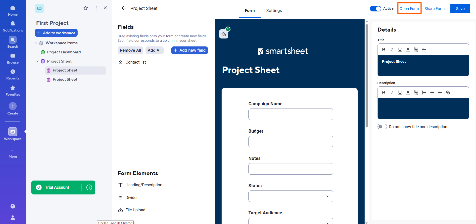 Smartsheet interface with the "Open Form" option highlighted