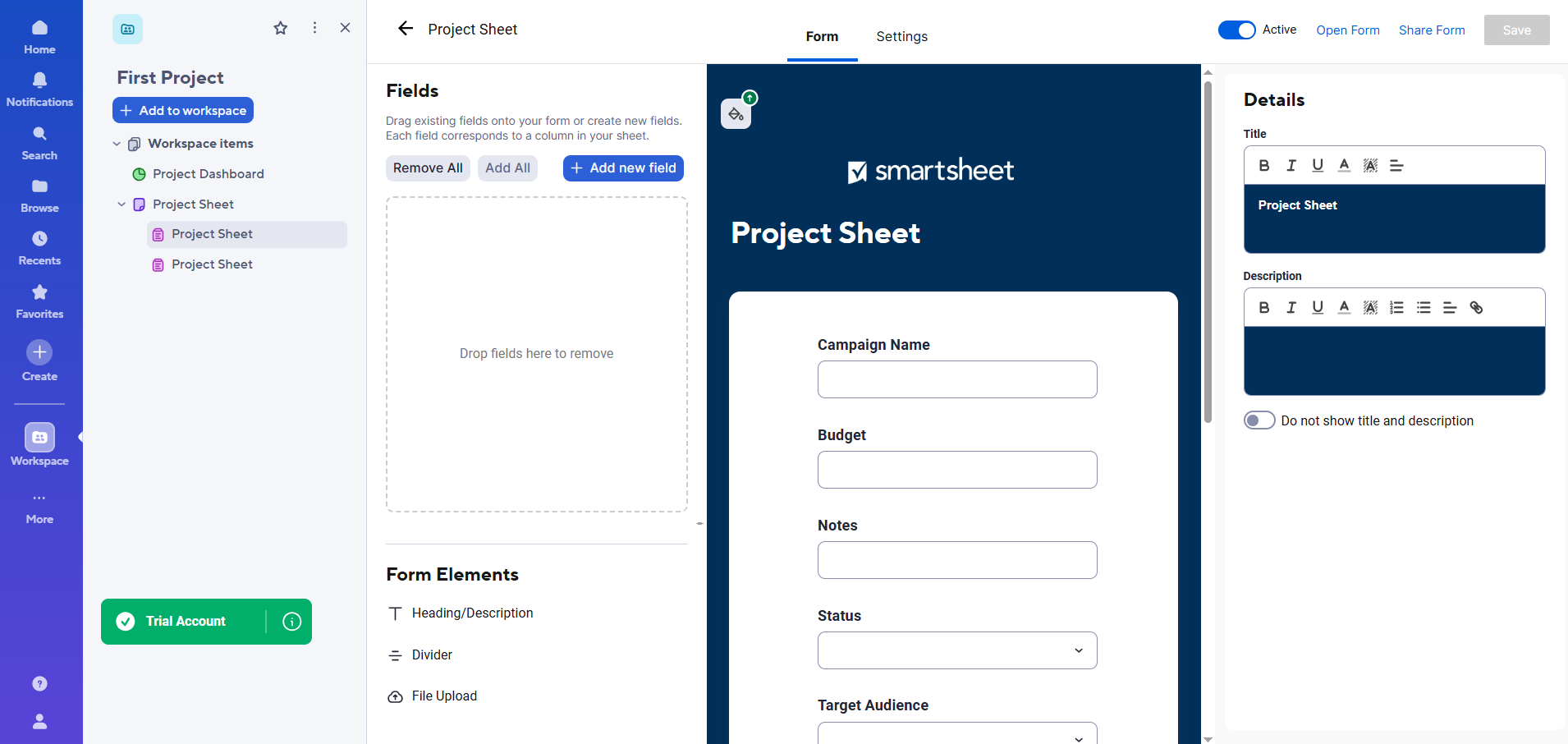 Smartsheet interface showing the created form with the option to add or remove fields and form elements