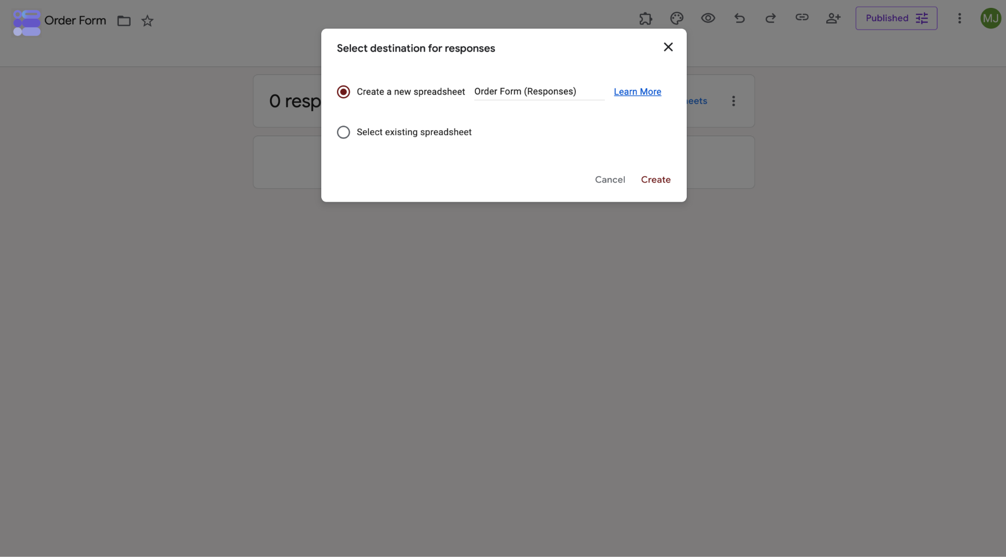 Google Forms interface showing the option to create a new spreadsheet in the "Select destination for responses" popup that appears
