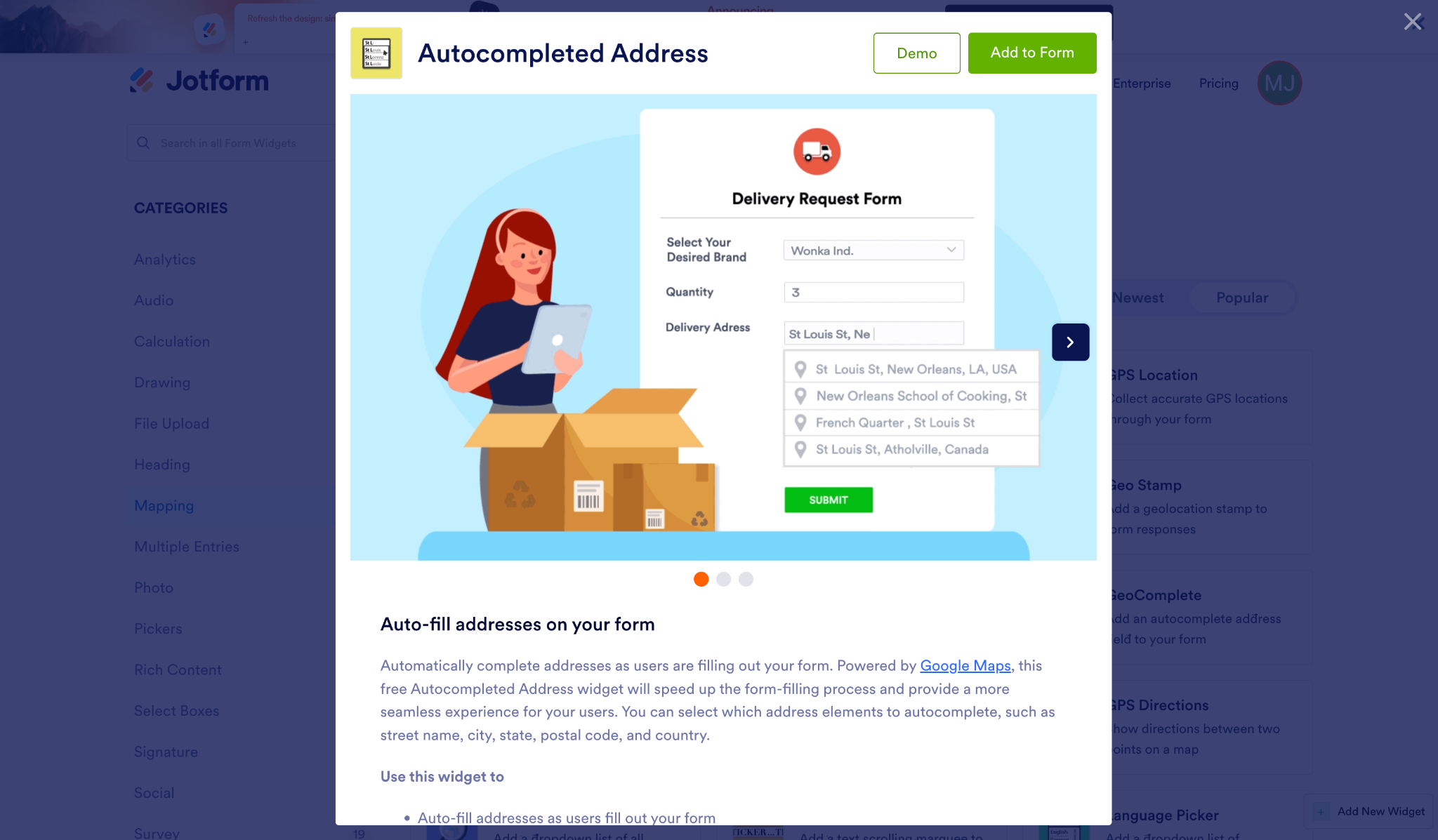 Jotform's Autocompleted Address widget showing a form with address autofill suggestions