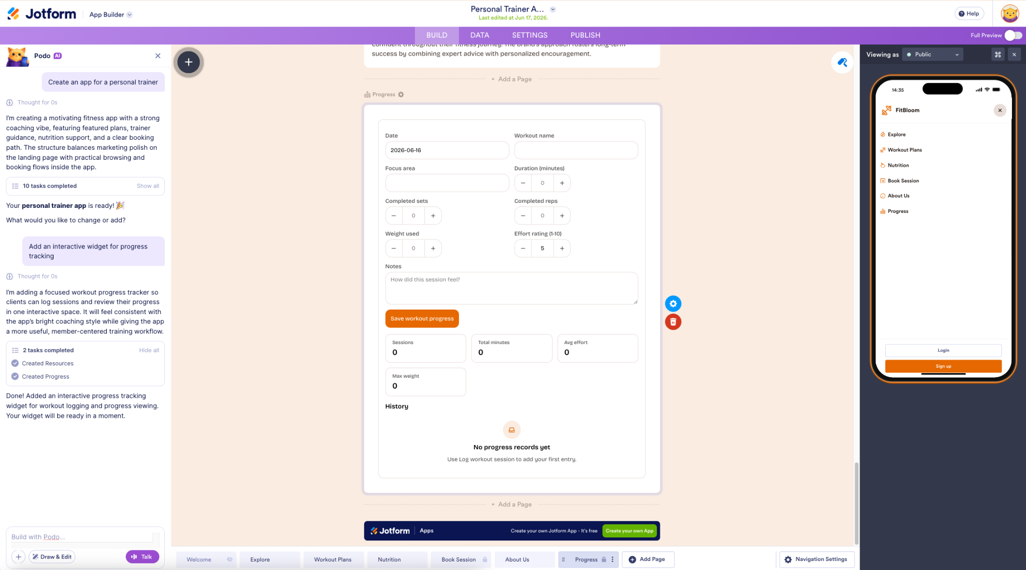 Viewing the conversation made with Jotform AI adding a dynamic widget to the app