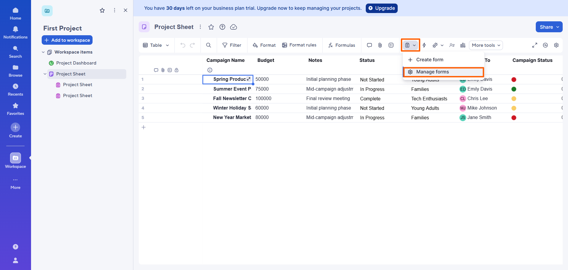 Smartsheet interface with the form icon and "Manage forms" option highlighted