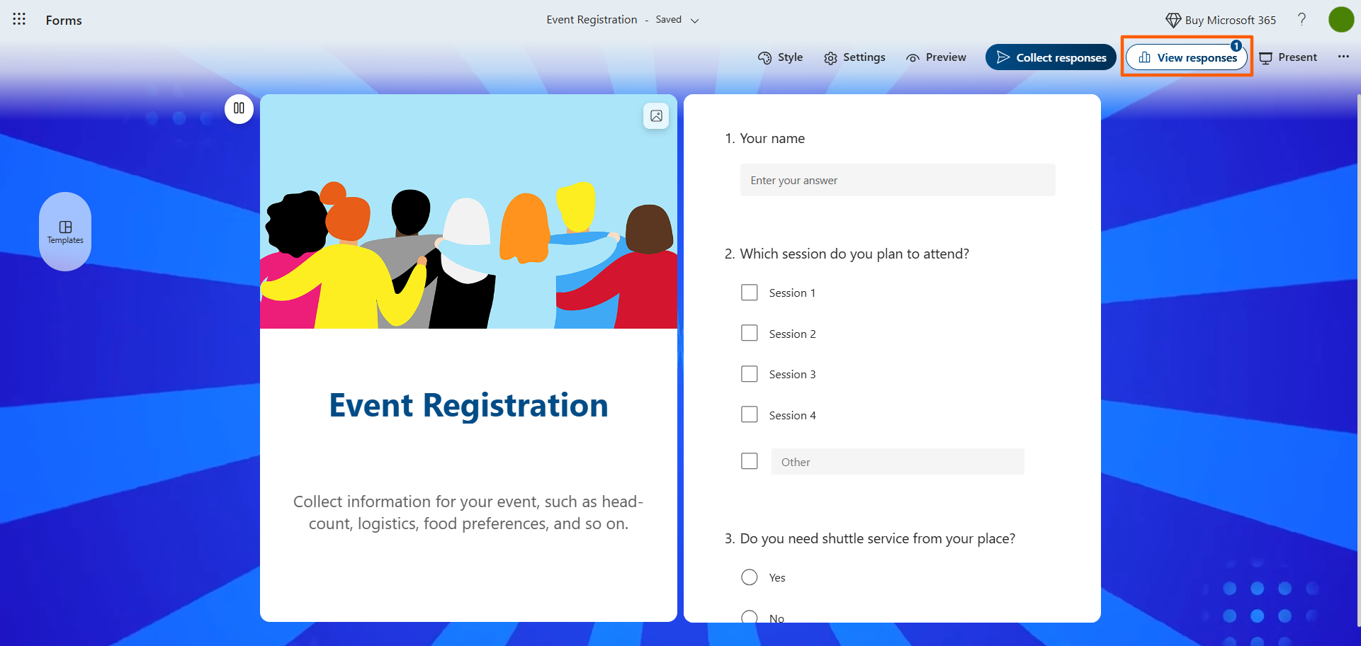 Interface do Microsoft Forms com o botão "Ver respostas" no canto superior direito destacado