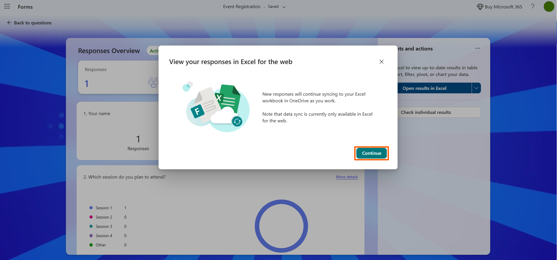 Interface do Microsoft Forms com o botão "Continuar" no pop-up destacado