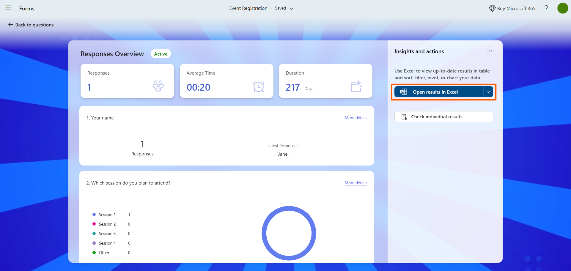 Interface do Microsoft Forms com o botão "Abrir resultados no Excel" na barra lateral "Insights e ações" destacado