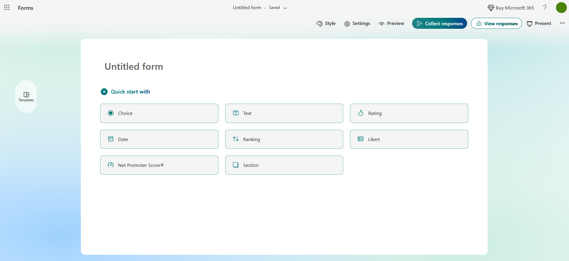 Microsoft Forms interface showing the "Quick start with" options