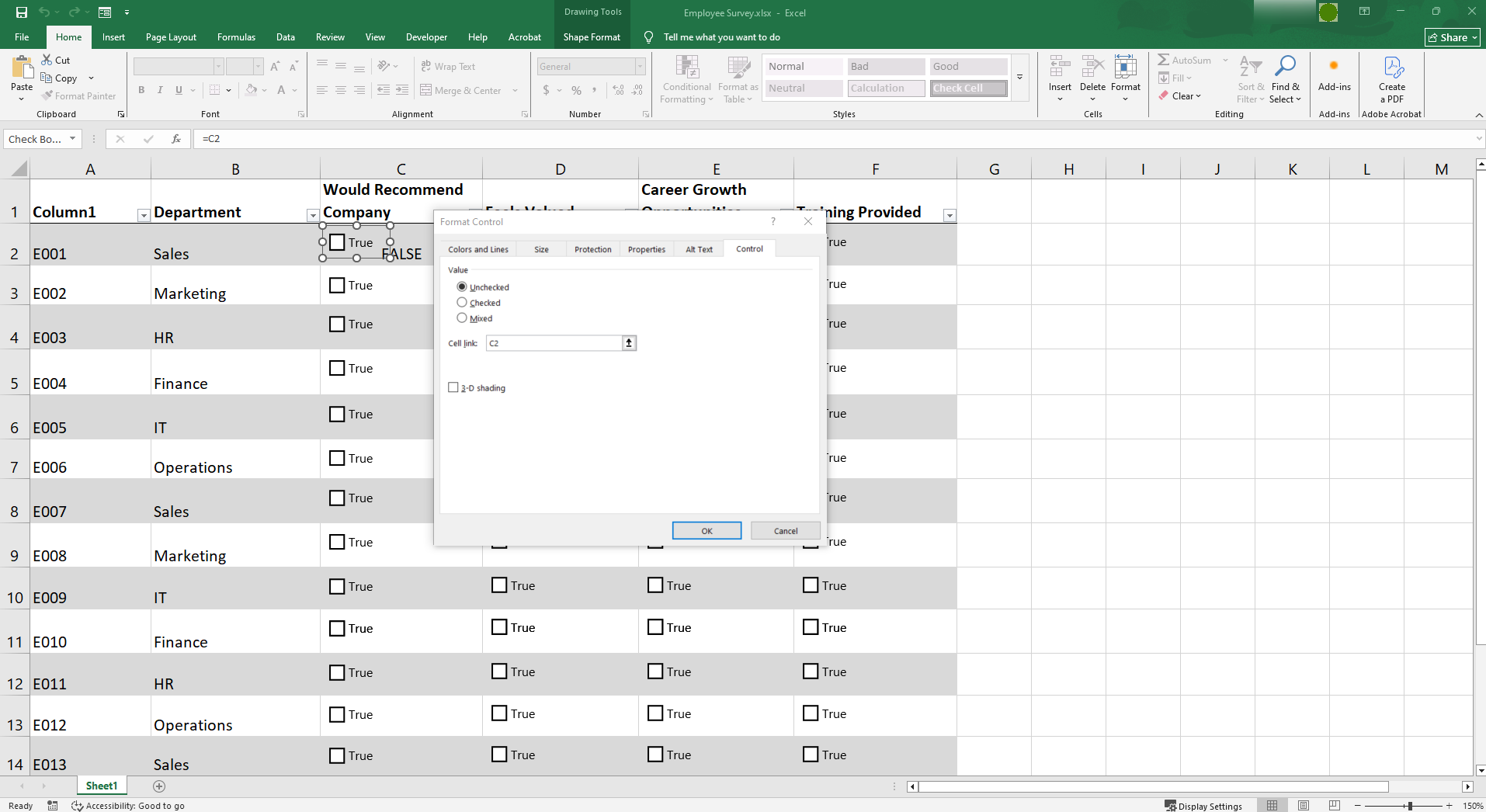 Microsoft Excel interface showing the "Format Control" pop-up screen