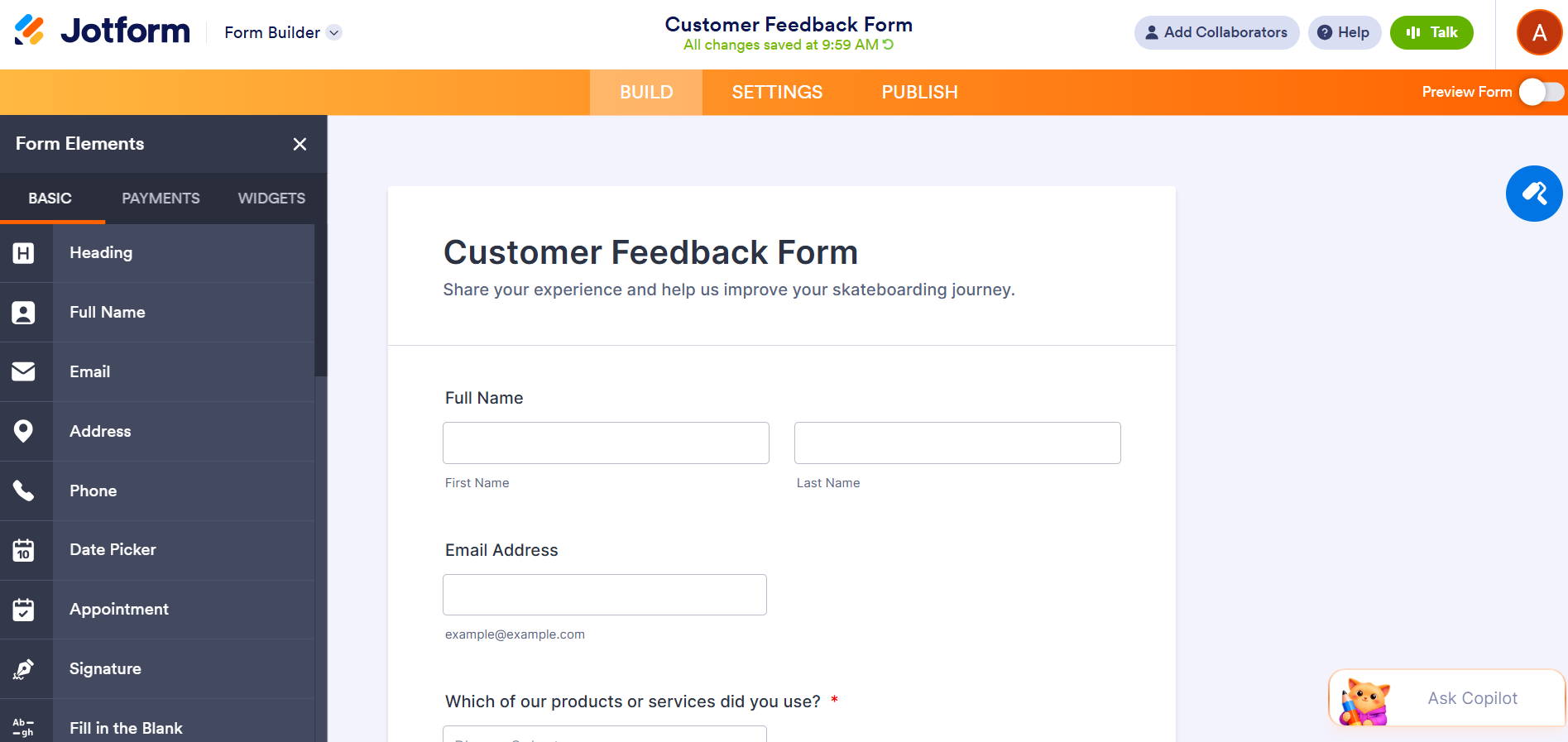 Jotform Form Builder interface showing an example Customer Feedback Form and the various form elements that can be dragged and dropped in