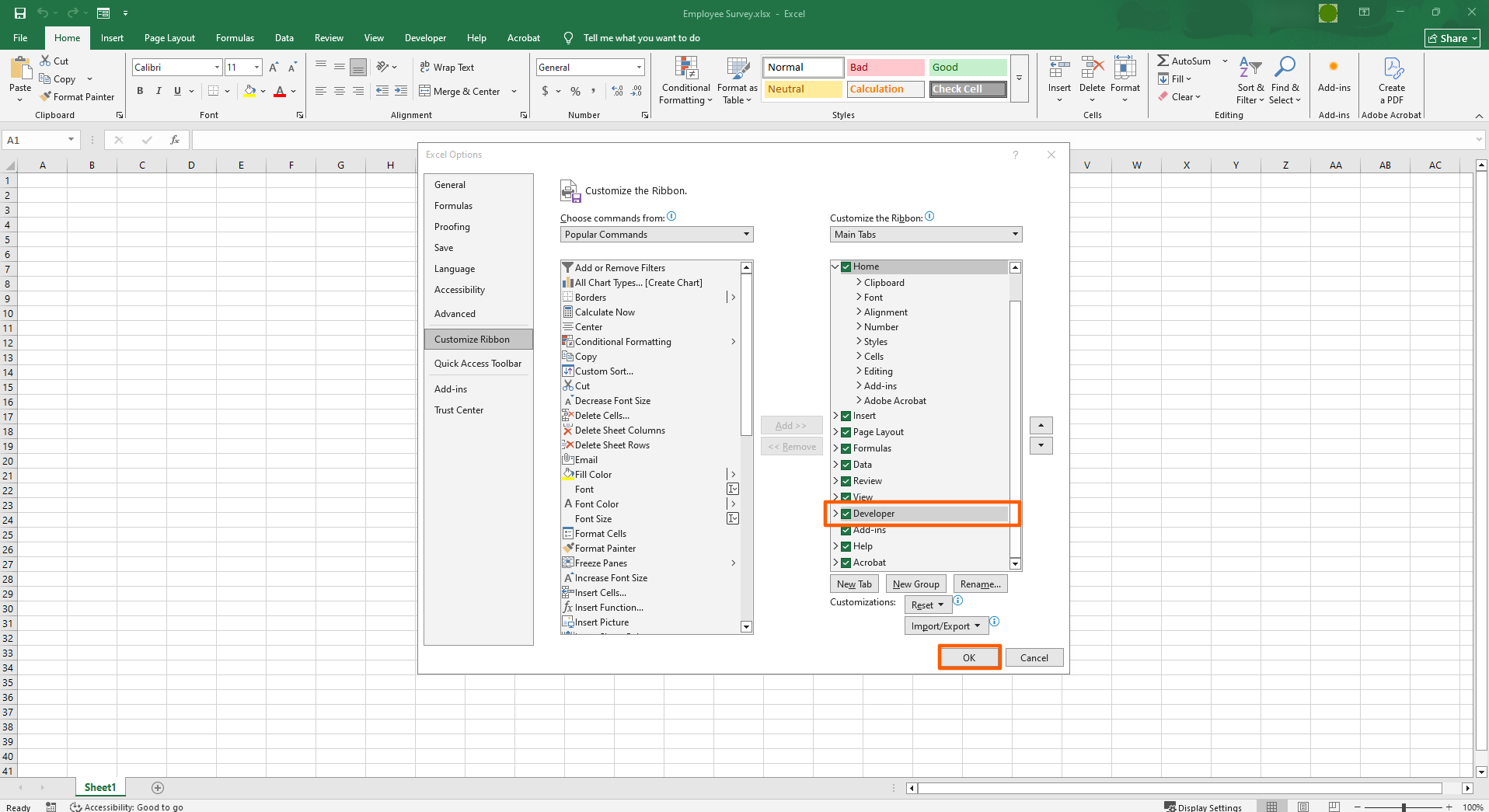 Microsoft Excel interface showing the "Developer" checkbox under "Main Tabs" in the "Customize Ribbon" options 