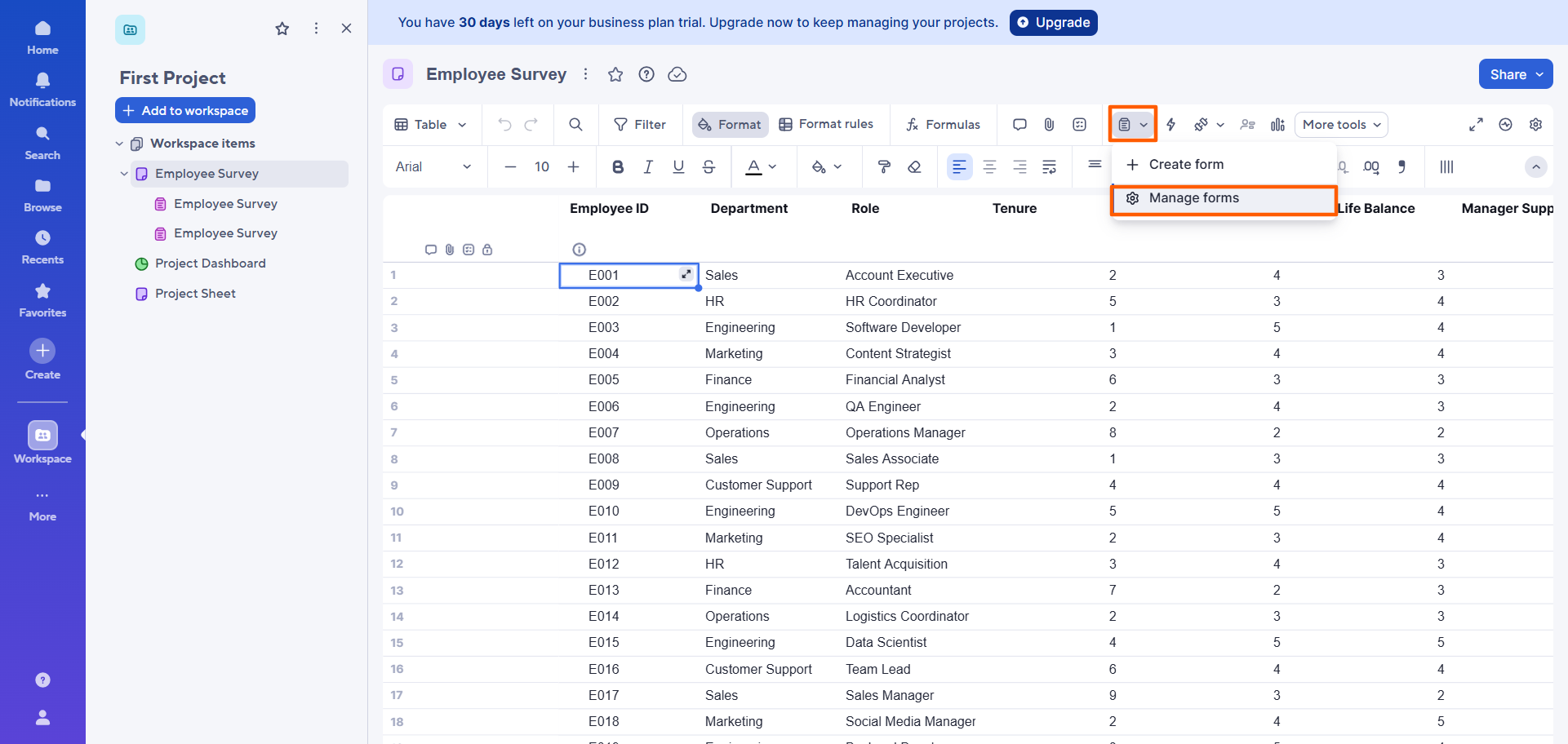 Smartsheet interface with the form icon and "Manage forms" option highlighted