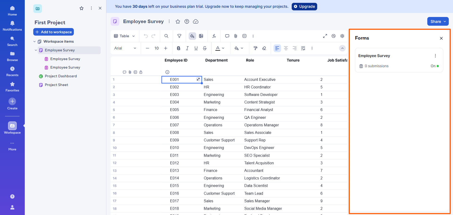 Smartsheet interface with the "Forms" dialog box highlighted, where you can view connected forms