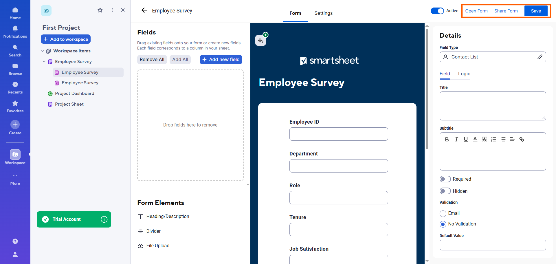 Smartsheet interface with the "Open Form," "Share Form," and "Save" options highlighted